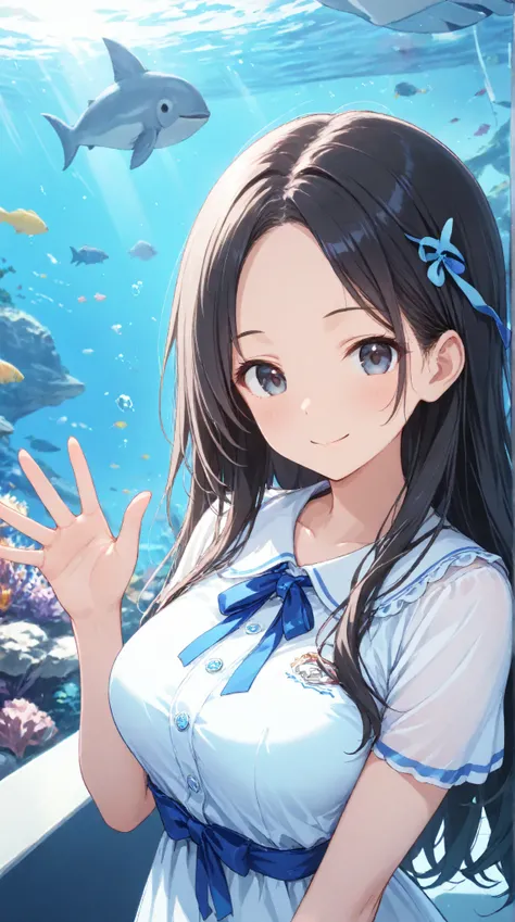 
masterpiece,large breasts, long hair, (black hair) , bangs, （1girl1.5）,Blue Ribbon hair ornament、Blue Ribbon, 18 years old、breast focus、looking at viewer，Whole Head 、aquarium, waving,Cute clothes、smile