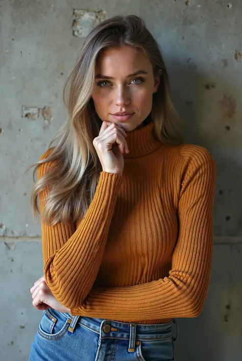  top quality,  1 beautiful woman, 2, S, 35mm Lens,, cowboy shot,  concrete background、Mortar style background、thick ocher turtleneck knit、Mortar wall,from below、 Straight Hair 、 Straight Hair 、 Shiny Hair, Smooth Hair 、 ash hair color 、 denim pants、 place ...