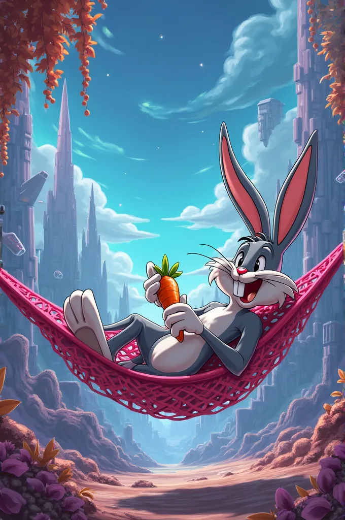 Image of the Bugs Bunny lying in a science-fiction hammock 