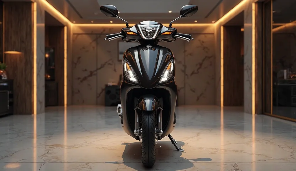 Ultra realistic image of    Suzuki Access 125 in black colour standing in luxurious showroom front Views 