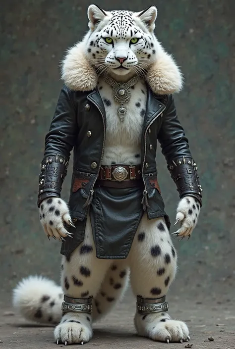 source_furry, source_9, score_8_up, score_7_up, view from below, snow leopard, Star wars, togorian, with mane, anthro, leather jacket, skirt, (detailed background), high quality, furred body, fluffy, silver bracelets on all legs, silver bracelets on the ca...