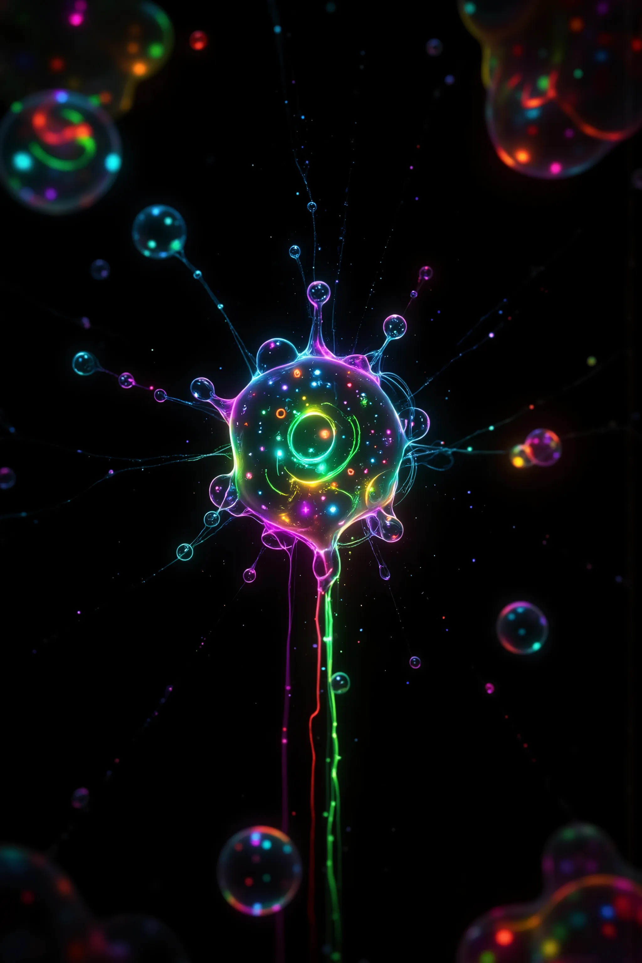 Extreme glow and shine reflect off glass orbs glass bubbles, in a room full of mirrors spheres full of fizzing neon colored liquid spill into reflective bubbles,and the mirrors reflect all the objects. Incorporate perfect symmetry and rotational symmetry. ...