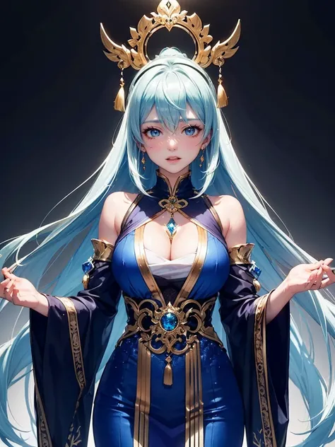 A beautiful deity Holy woman，bright white with flowing hair，Mysterious blue eyes，Elusive purple dress，Cool expression。Elaborate body，Elegant style，White fur trim，White grassy skirt。Various colorful gemstone accessories。 Extremely detailed depiction ，Extrem...