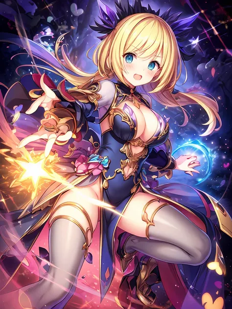 A fantasy-style anime illustration of two beautiful female warriors in a magical battle.

The first girl has long blonde hair and holds a glowing sword in a battle-ready stance. She wears an elegant and detailed outfit adorned with playing card symbols (he...