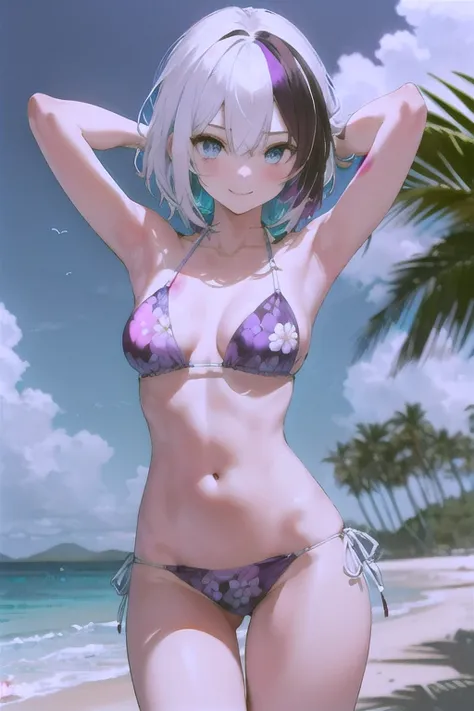 Masterpiece, a girl, sexy girl, (solo:1.2), (white hair:1.2), (multicolored hair:1.4), (stylish hairstyle:1.3), (blue eyes:1.2), (seductive smile), (purple bikini:1.4), (floral print bikini:1.5), (slender body:1.4), (pale skin), (small breasts:1.3), (stand...