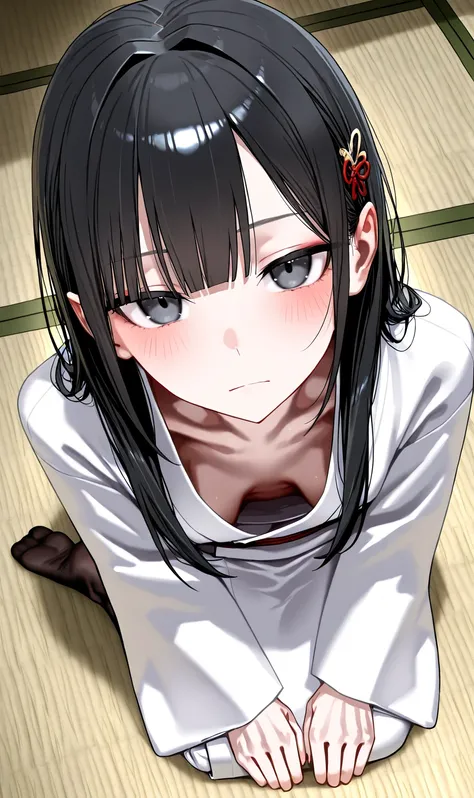 sfw, gyaru, cool beauty, solo girl, japan hairstyle, black hair, small breast, breast closeup,[emaciated:1.3], expressionless, blush, Polite, white kimono costume, downblouse, leaning viewer, naked seiza, no shoes, tatami, demon girl,