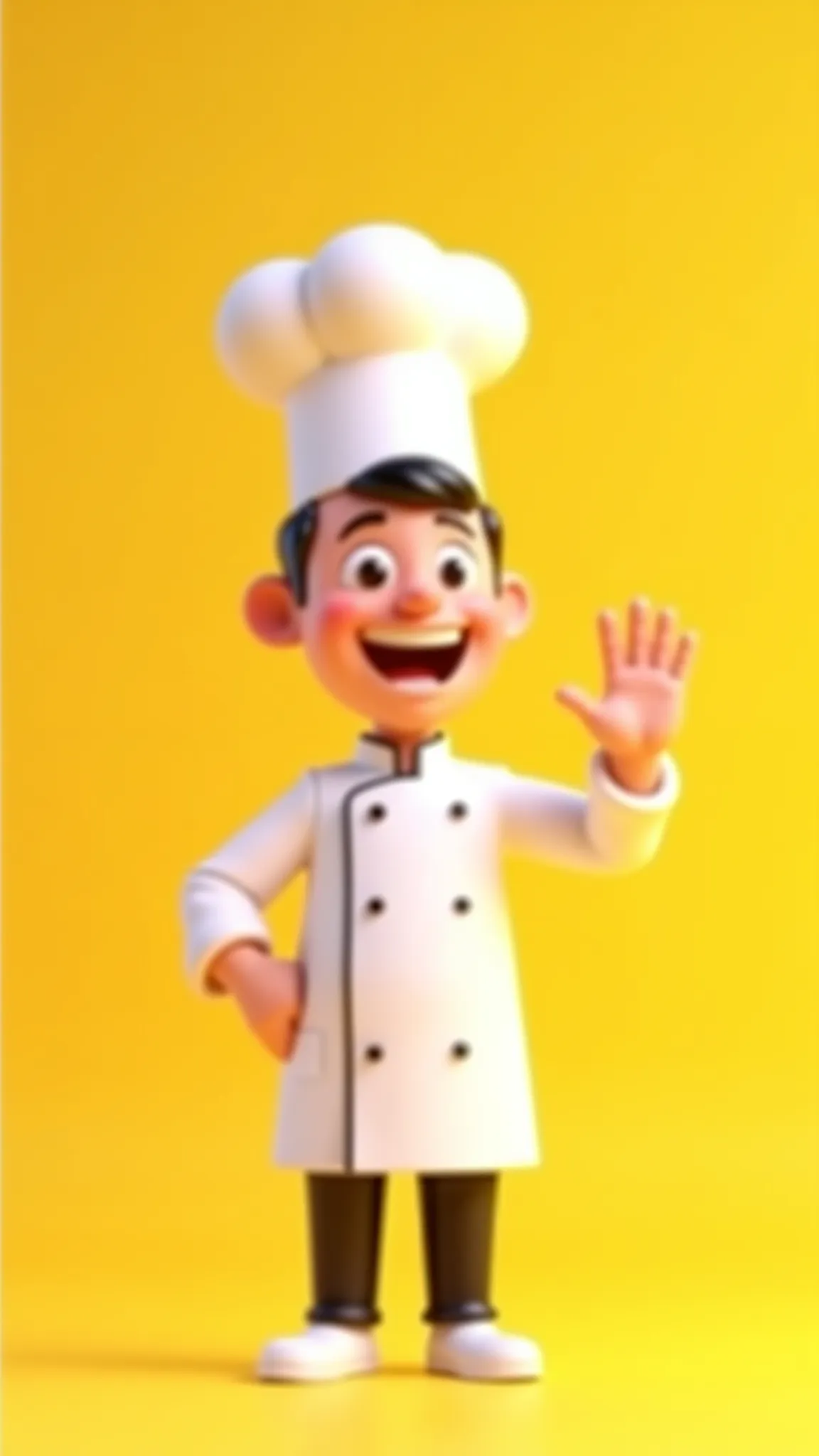 " A 3D animated Cartoon chef with white chef's hat and coat, waving hand, yellow background, QR code on the right."
