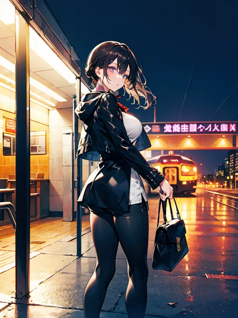 A cool girl，Side view，lens from top to bottom， Dark Hair，short ponytail，slim shoulder short tank top， black leather jacket ，black leather pants，black leather bag， black leather boots ， Thin ，Big Boobs 2.0，Tattoos 1.5，Neon 1.2，background of train station at...