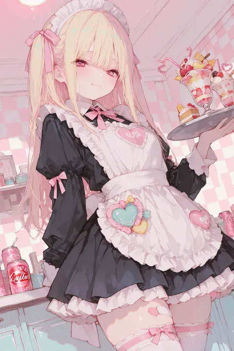 illustration, best quality, dramatic lighting,aiu,r17329_illu,usnr,masterpiece, best quality, 8k, highres, ultra-detailed,HDR, UHD, illustration, best quality,
,1girl, cute maid outfit, frilly dress, apron, thigh-high socks, ribbons, holding drink, soda ca...
