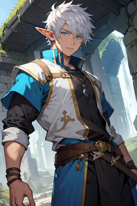 Elf, male,  silver short hair, BLUE eyes ,RPG, mage 