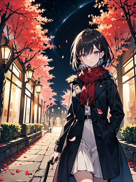 A girl with a mysterious atmosphere， Dark Hair， Charming eyes ，elegantly walks in a dark city area，wearing a stylish coat and rich expression Faces，under the starry night sky，She is behind a majestic old tree， Petals Falling ，A divine atmosphere，Far Mounta...