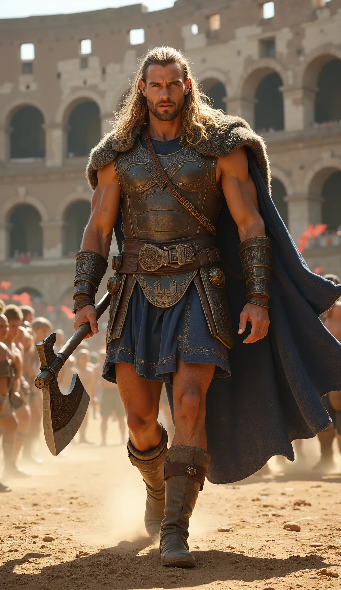 A handsome and charismatic 20-year-old Swedish warrior from the 27th century BCE, exuding strength and determination. His facial features are sharp and well-defined, with piercing blue eyes that radiate wisdom and ferocity. His long, golden-blonde hair is ...