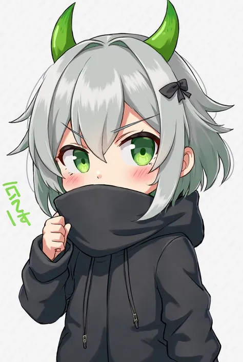 Masterpiece, Enime style,chibi illustrated,medium-short plane,twitch emote of a silver-haired girl with green tips and two horns sticking out of her head,green eye, black jacket,making an angry apprecion,With his black cover on