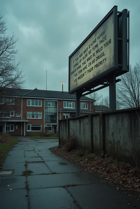 Create a dark, moody image of a UK hospital with a large billboard outside reading: 'If You Were In The Womb Of Someone Who Drank Smoked Or Did Drugs You Weren’t Their Priority.' Overcast skies, worn-out hospital exterior, and a quiet, eerie atmosphere.