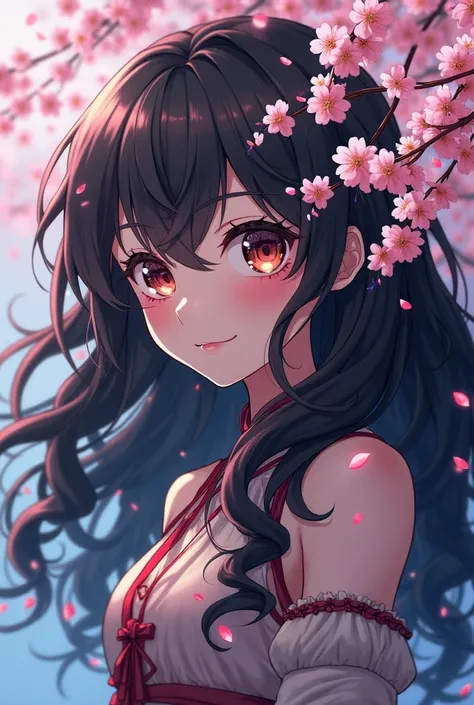 Create me a Japanese anime-style PDP of a mixed girl with long curly hair dark pussy, With a piercing gaze with hazel eyes, with a background with cherry blossoms in blue tones