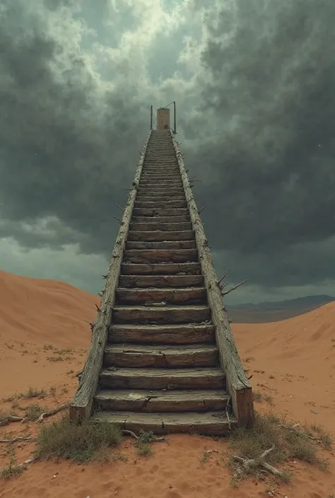 a strange old wooden staircase in the desert under the ominous sky