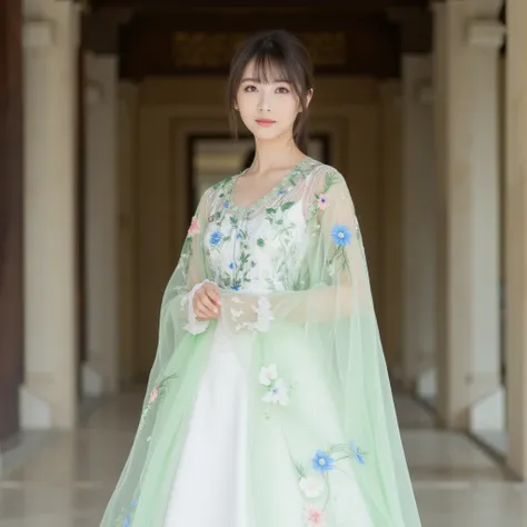 A beautiful Asian woman with bangs stands in a grand corridor with high ceilings and intricate architecture. She is wearing an elegant, floor-length gown. The gown is predominantly white with a sheer, light green overlay that features intricate floral embr...