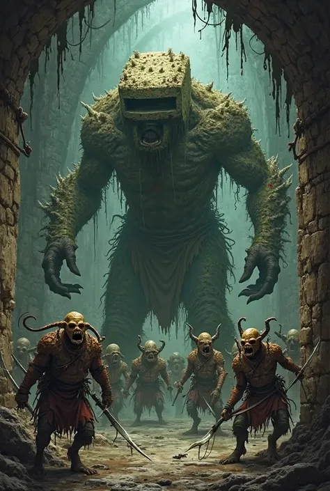 not cartoony everquest, runnyeye dungeon, with evil goblins and separate larger creature with sporali creatures moldy looking with square heads