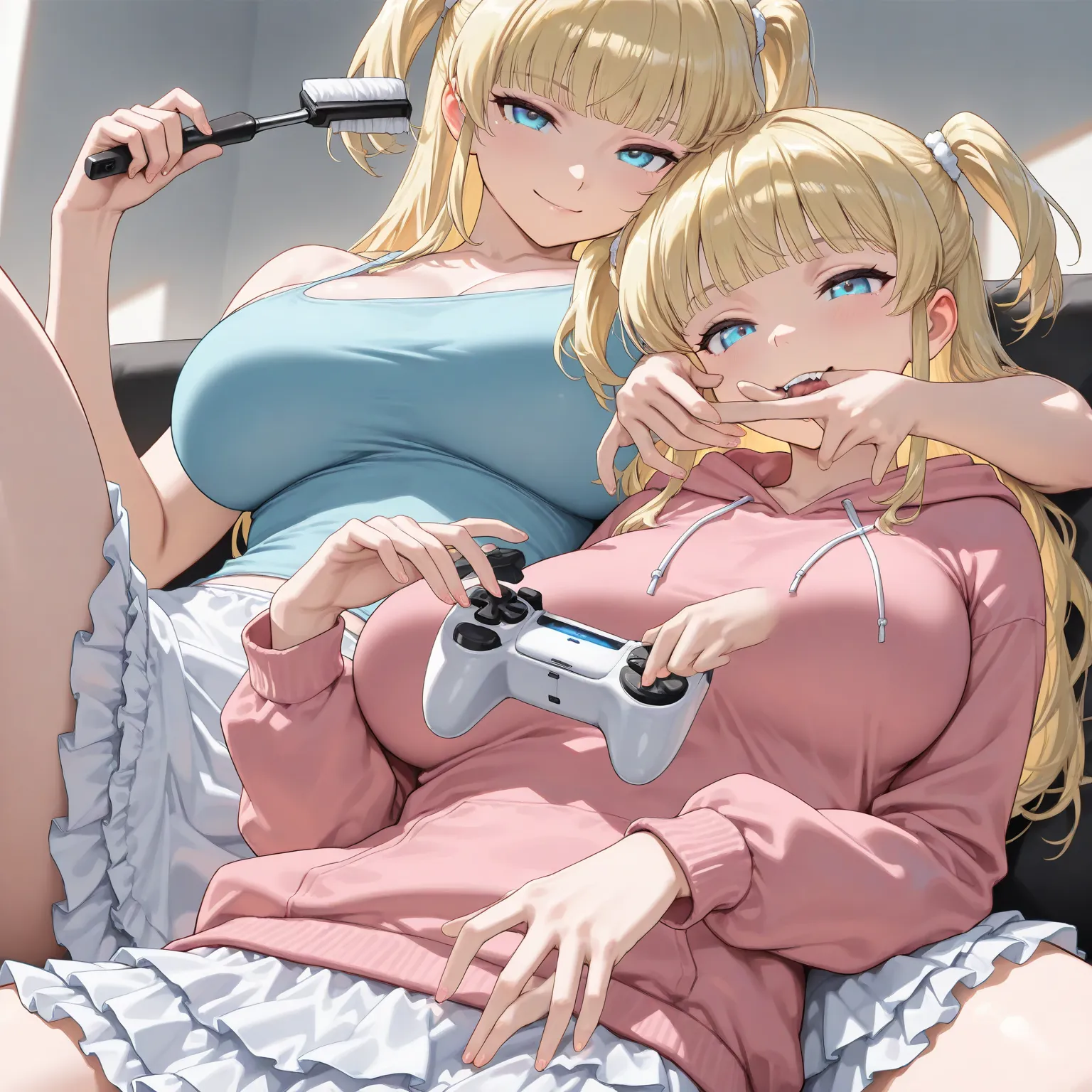 ( super detailed), (1 ,  lori, woman ), holding a game controller,  pink hoodie ,  light blue tank top viewed from different angles, white ruffle skirt, Big Breasts , blond,  two side up,blunt bangs ,  light blue eyes ,( seductive smile ),  light brush, Ca...