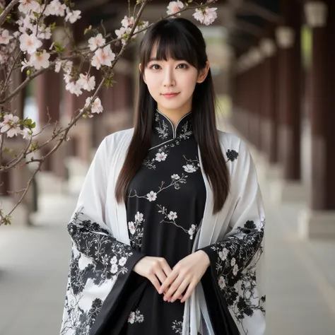 A beautiful Asian woman with bangs and long hair wearing a traditional black dress with intricate white floral embroidery extends from the hem upwards. Over her dress is a white cape with black floral embroidery that drapes gracefully over her shoulders an...