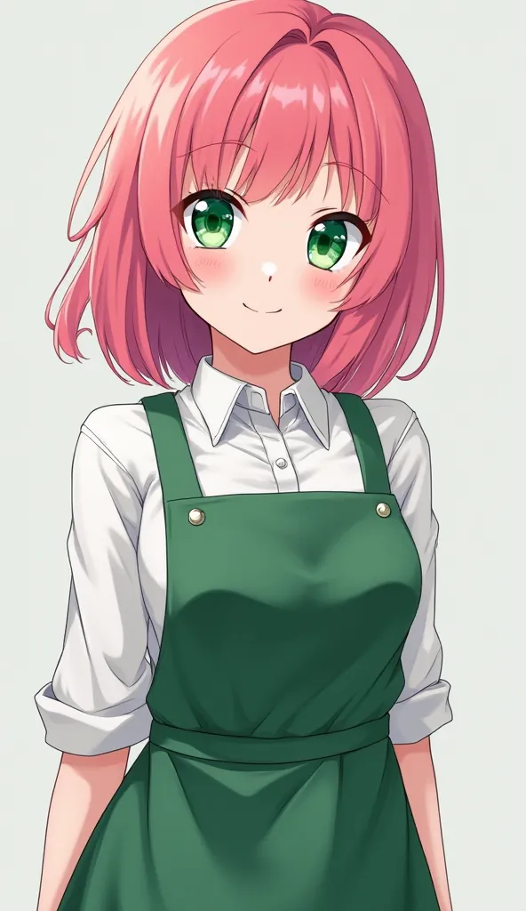 1 girl [appearance= "cherry pink hair", "emerald green eyes", "height: 171 cm"] [Clothes= " white shirt", "green apron"] ( full body plane) 4K anime illustration,  Precise,  super detailed ,  tall details , dementia,  High quality, high definition, anatómi...