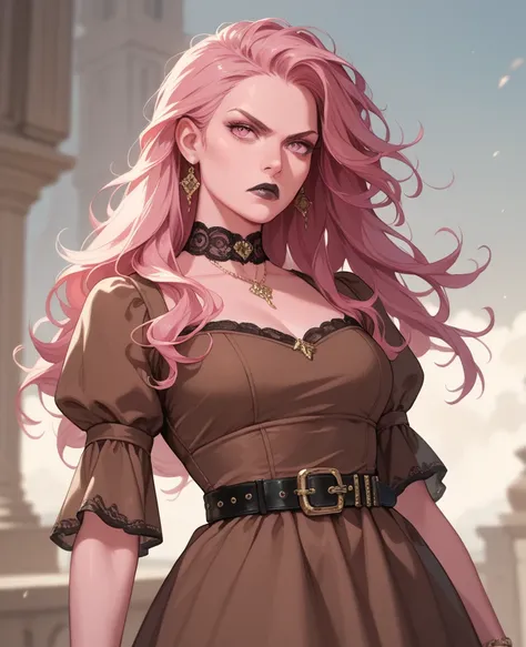 Girl with pink skin, pink skin color, dark pink hair, long hair, black lipstick, pink eyes, Black nails, old Brown dress with a belt on the weist, Brown dress, Belt on weist, serious, serious look