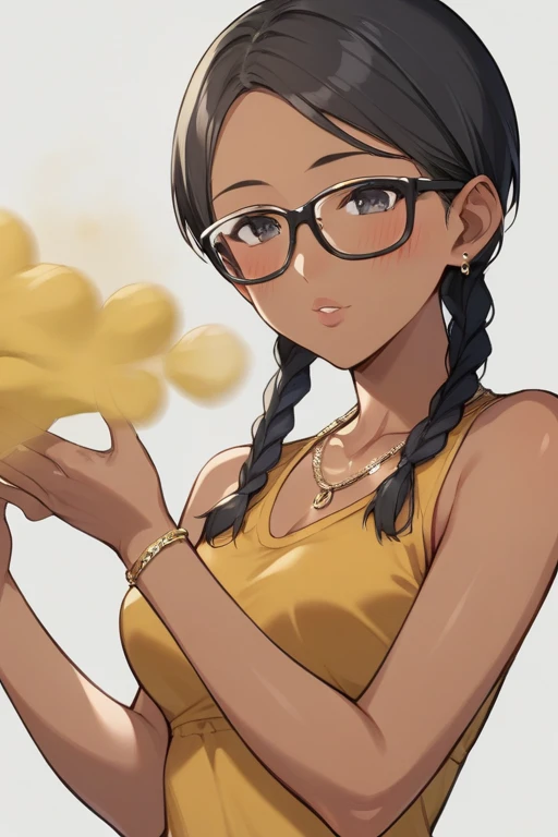  score_9, score_8_up, score_7_up,  source_ anime，safe，nsfw， uncensored， alone,  woman 1 person， Human Appearance ， black hair ,  braids，giant dragonfly style , wearing glasses，blush， Sexy Body ，Indian high school girl，Wear a saree，cassava， Onam Saree， dark...