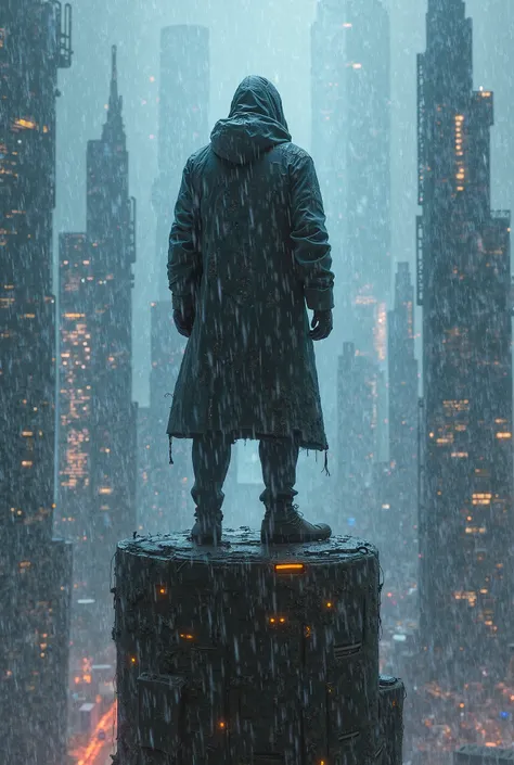   A cold person on towers in a bright futuristic city in rainy weather wearing a jacket with a majestic posture