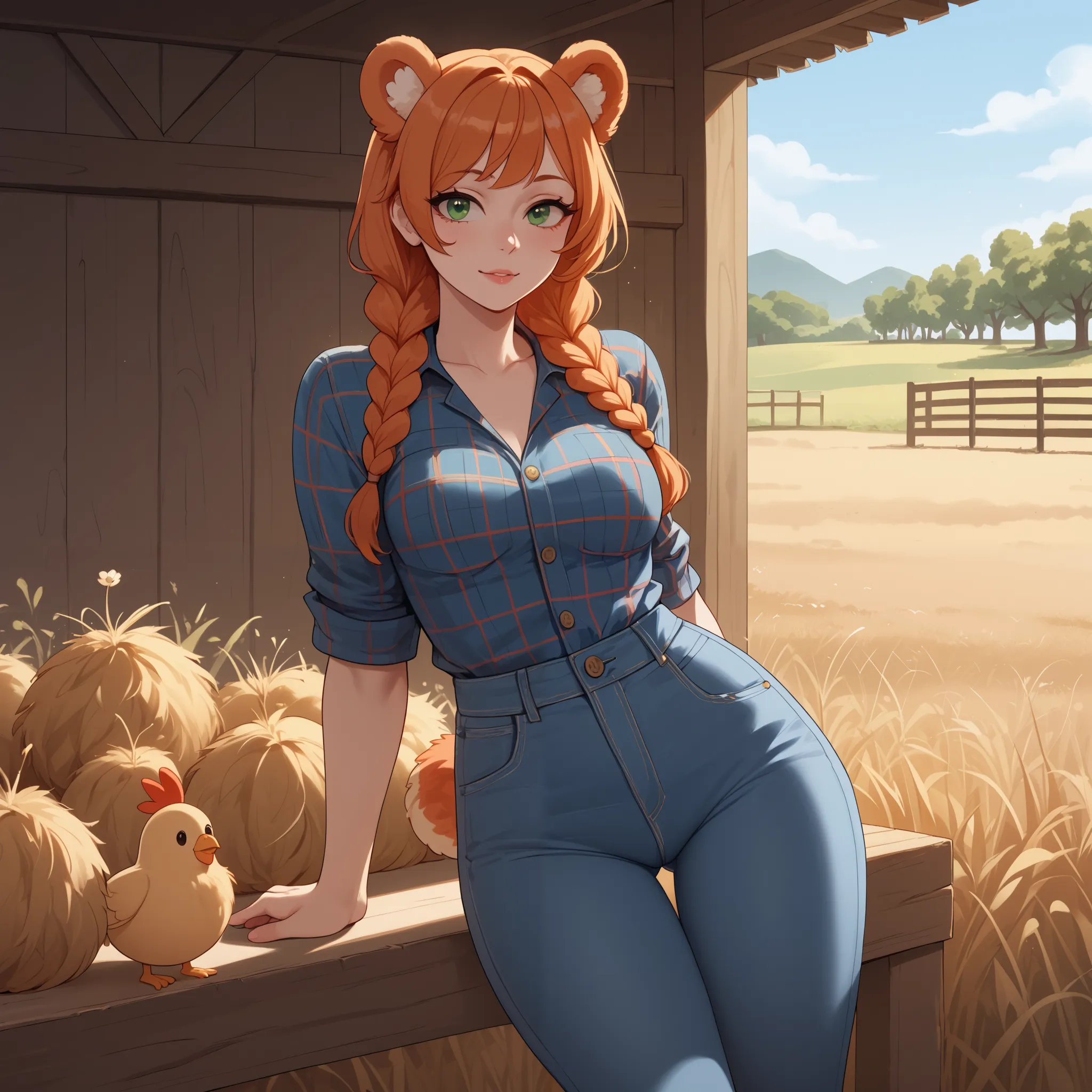 (Masterpiece) (High Detail) (High Res) A short curvy slim Humanoid red_panda Female with tanned human skin and bright green eyes and long braided orange hair and fluffy orange red_panda ears and a long fluffy red_panda tail and medium breasts. She is stood...