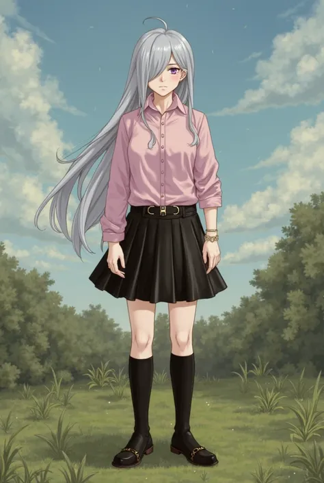  Masterpiece , Highest quality, high resolution, elizabeth, one person, jewelry, Single knee socks,  Silver Hair , Hair over one eye, life, black skirt, asymmetric footwear,  pink shirt, black knee-high socks,  belt, Mini-skirt, landscape, They are standin...