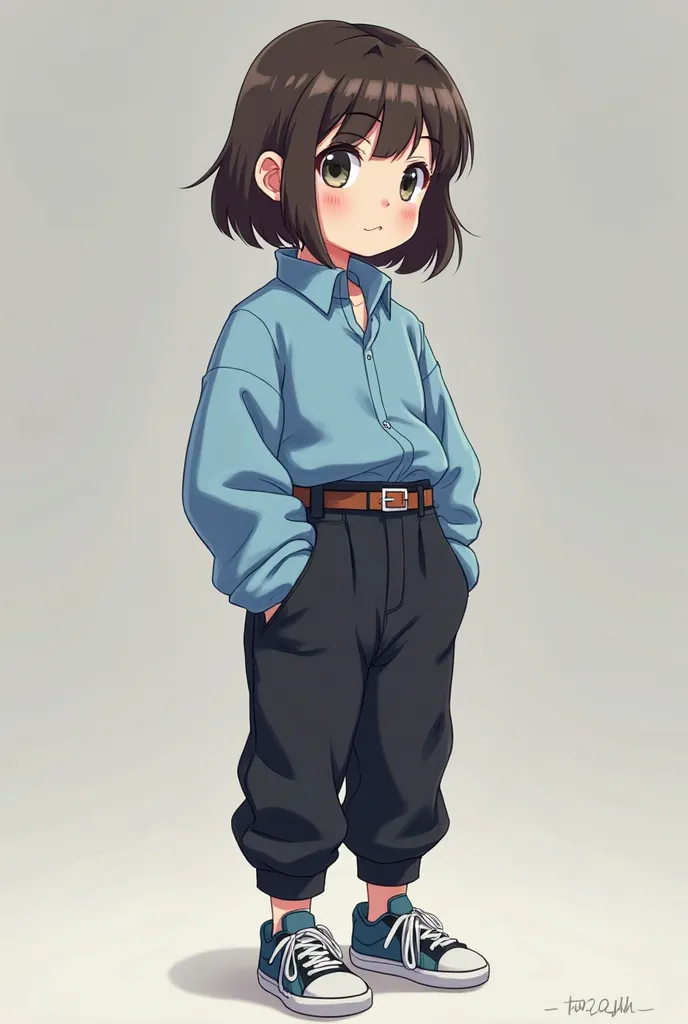 A girl of short stature, white skin, dark brown hair and eyes like that.,  blue shirt, black pants with a belt of the same color and anime-style sneakers