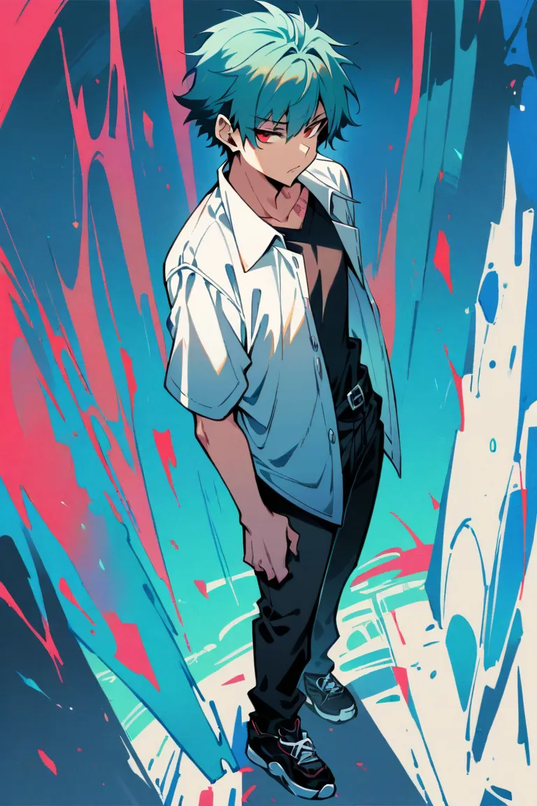 1boy ,solo, short sleeves, white open wide shirt, black undershirt, black jean pants, black sneakers, teal hair, neck scar, red eyes, stoic look, standing, looking at viewer, High Resolution, Masterpiece, Best Quality, 