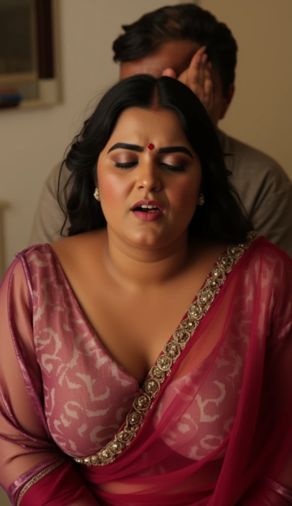 Top view,Full body image, indian hourglass body, Indian  medium plus sized 29 year old Telugu teacher syamala, mouth slightly open, very huge swooping breasts, wearing highly embroideried meroon colour glossy fully transparent chiffon deep neck blouse and ...