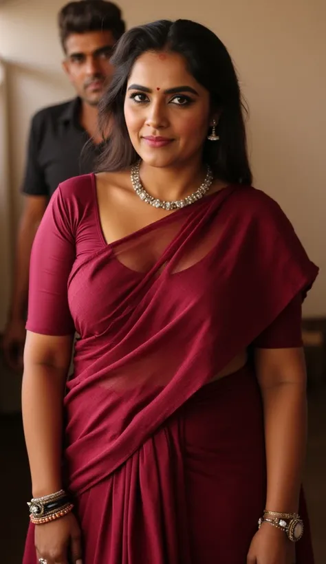 Wide angle picture, Front view,Full body image, indian hourglass body, Indian  medium plus sized 29 year old Telugu teacher syamala, mouth slightly open, very huge swooping breasts, wearing highly embroideried meroon colour glossy fully transparent chiffon...