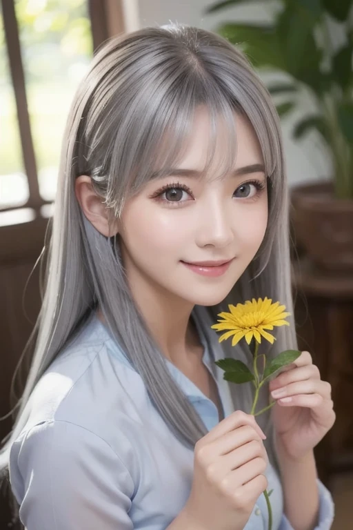 Masterpiece,  best quality ,  1 GIRL, Gray Hair,  smiles,  stare at viewers, adult, Fully Matured,  holding flower