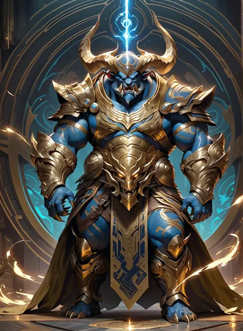 very awa, The image is a digital illustration of a mythical creature with a blue and gold color scheme. The creature appears to be a large, muscular creature with sharp claws and sharp teeth. It has a large head with two large horns protruding from its hea...