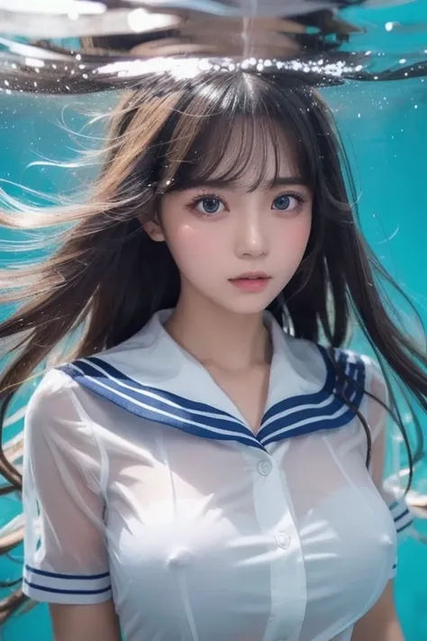 ( see-through:1.3),White sailor suit, sailor dress ,  White Theme , school uniform,  sailor suit ,  stare at viewers,  Madness,  long disheveled hair ,   beautiful eyes in every detail  ,Hair shines,Dramatic angle, blue sailor color ,  Plump Boobs , ogipot...