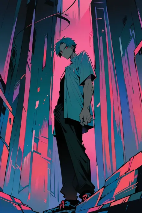 1boy ,solo, short sleeves, white open wide shirt, black undershirt, black jean pants, black sneakers, teal hair, neck scar, red eyes, stoic look, standing, looking at viewer, High Resolution, Masterpiece, Best Quality, from below