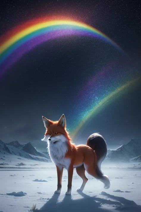 best quality, 32K,  RAW Photo,  incredibly absurd , extremely detailed,  thin texture , majestic and cute rainbow long-haired fox divine beast,  fantastic ,  mysterious , rainbow glow background, snow field, midnight sun