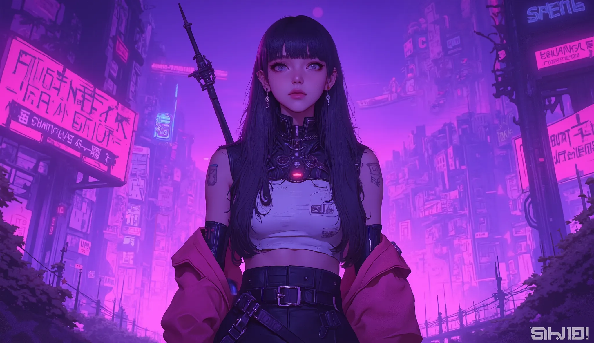 TOP QUALITY　Ultra delicate　 Japanese Anime Anime　 one pretty girl　　Strong shadows 　Pink light　purple scenery　contrast after screen action 　サイバーpunk　punk