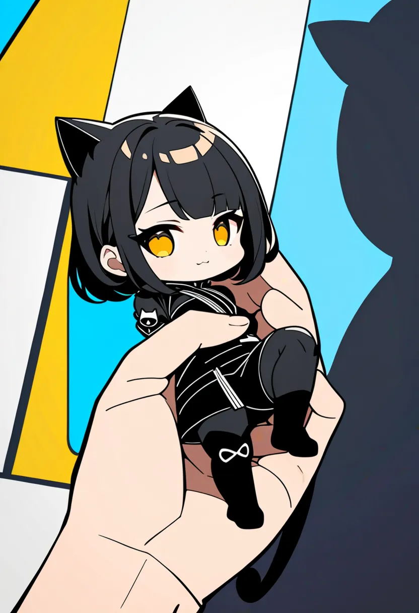 (masterpiece, best quality),(best quality, masterpiece, ultra highres, ultra-detailed:1.2) ,flatcolor,pop style art,
(chibi:1.2),A chibi girl is being held from behind with her armpits grabbed like a cat.
(very long torso:1.2), :3, 