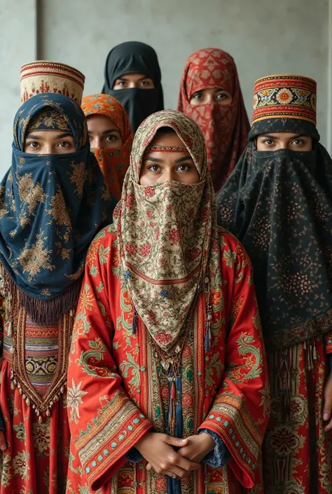 A picture of culture diversity wearing their culture costumes and traditional costumes but only seeing their eyes