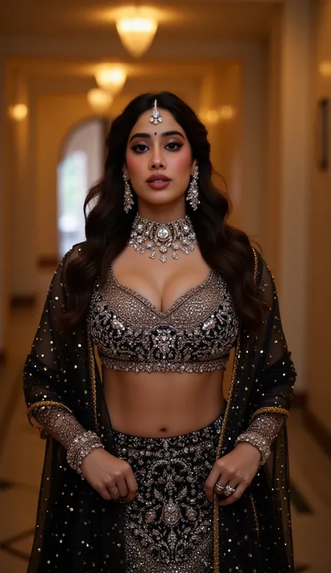 cinematic full-body portrait of a stunning Indian woman, standing in an opulent palace corridor, draped in a black and silver lehenga with intricate sequin embroidery, deep neckline and fitted bodice enhancing her regal beauty, waist chain highlighting her...