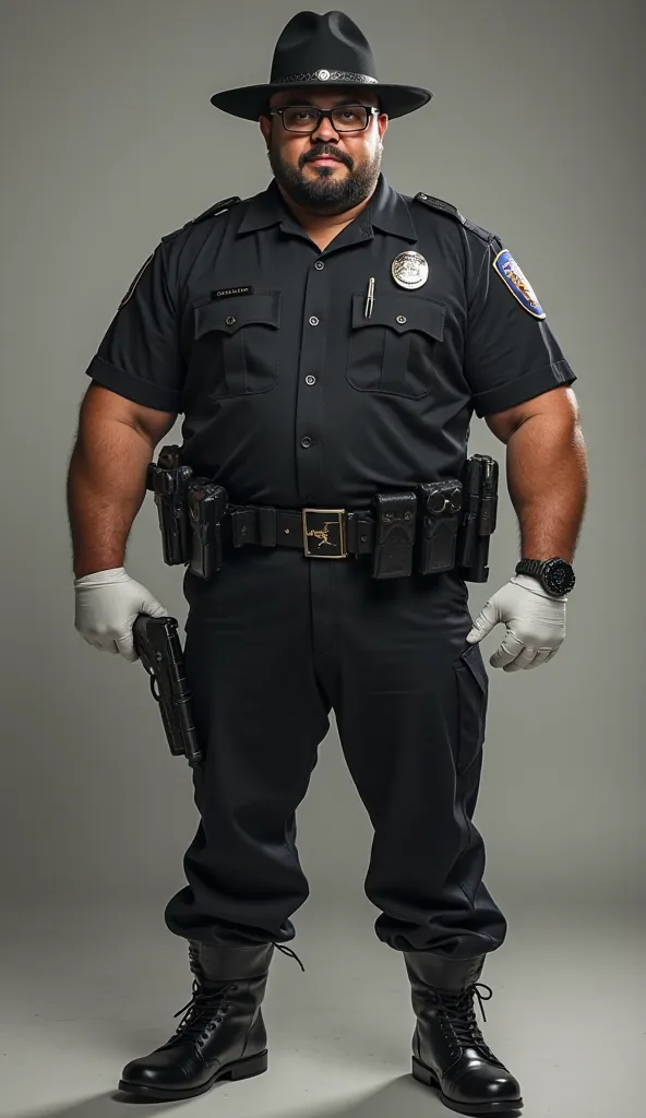 whole body, He's a strong police officer . Wearing a black hat and black glasses.  Black uniform , Short beard，
Wearing white gloves. Wear police boots on your feet，Wobble your own penis with your right hand，
