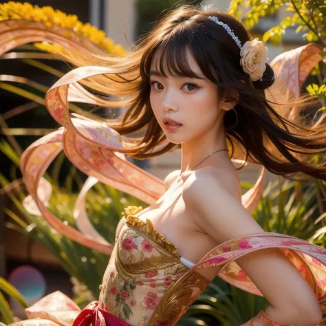 Photorealistic commercial shot of a Japanese idol wearing a couture mini dress inspired by Alfons Mucha style swirling brushstrokes. The dress features a daring, tastefully exposed silhouette with a bubble hem and oversized ribbon details, set against a vi...