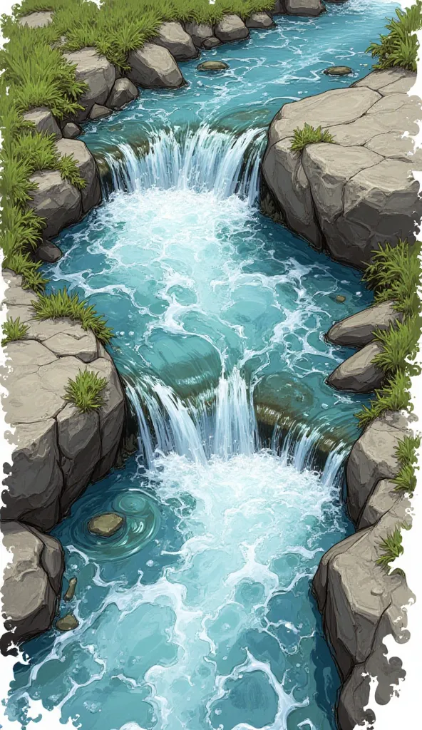 High quality, 8K Ultra HD, best quality, super detailed, Artist's sketch style, thick lines, Composition viewed from above, no people,Captured the movement of the Babbling brook,Torrent,River flow sketch,Transparency,clearly visiblewave,small splash, analo...