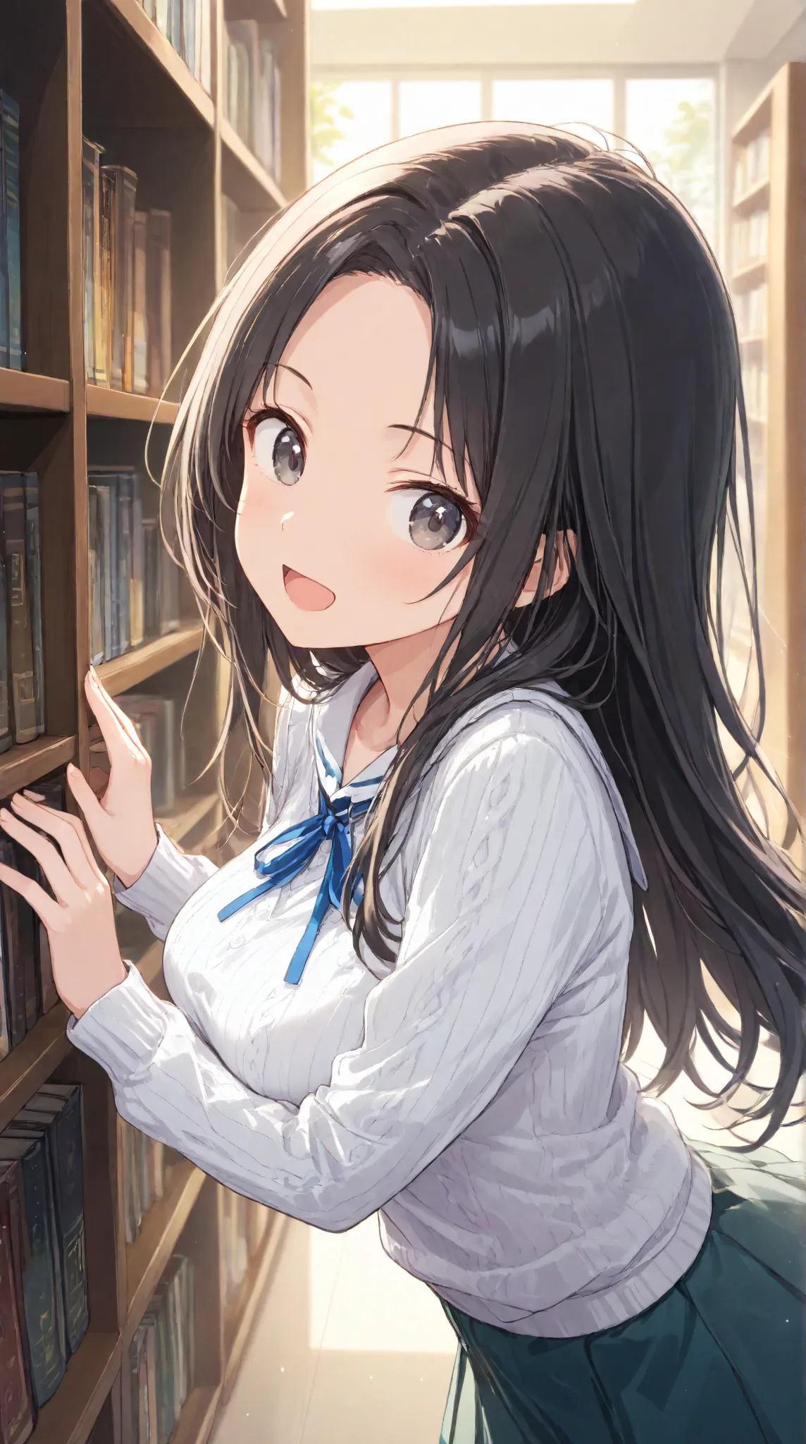 
masterpiece,large breasts, long hair, (black hair) , bangs, （1girl1.5）,  blue ribbon、（ 1.5）, 18 years old、breast focus、looking at viewer，Whole Head , a sweater and skirt. an excited expression、relaxed、 Libraries 