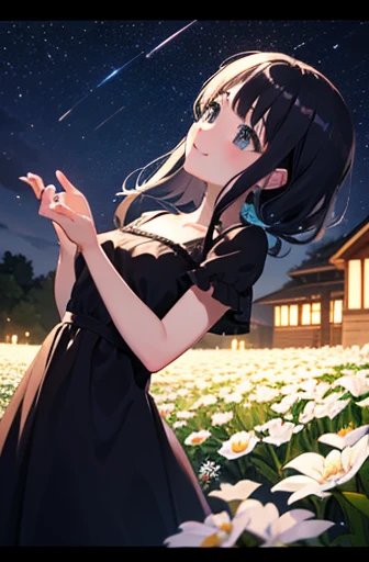 1 girl、cute、smile、blush、 blue eyes、 black hair、((shortcuts))、black dress、 Looking Up at the Stars、White Flower Field、Firefly Light、 A Beautiful Night Sky 、 full shot without being short、digital art、