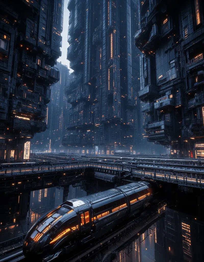 a stunning cityscape of a futuristic metropolis, towering skyscrapers, advanced railway networks, cyberpunk architecture, grandiose buildings, rainy night scene, European city, neon lights, (best quality,4k,8k,highres,masterpiece:1.2),ultra-detailed,(reali...