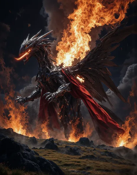 A majestic dragon with wings outstretched, breathing fiery flames from its mouth, in a medieval fantasy landscape, angry expression, hyper detailed, cinematic lighting, vibrant colors, digital painting, 8k, photorealistic